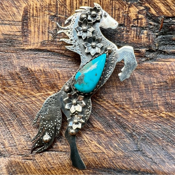 Hand Crafted Jewelry - Sterling Silver Rearing Horse Turquoise Pendant Floral Southwestern
